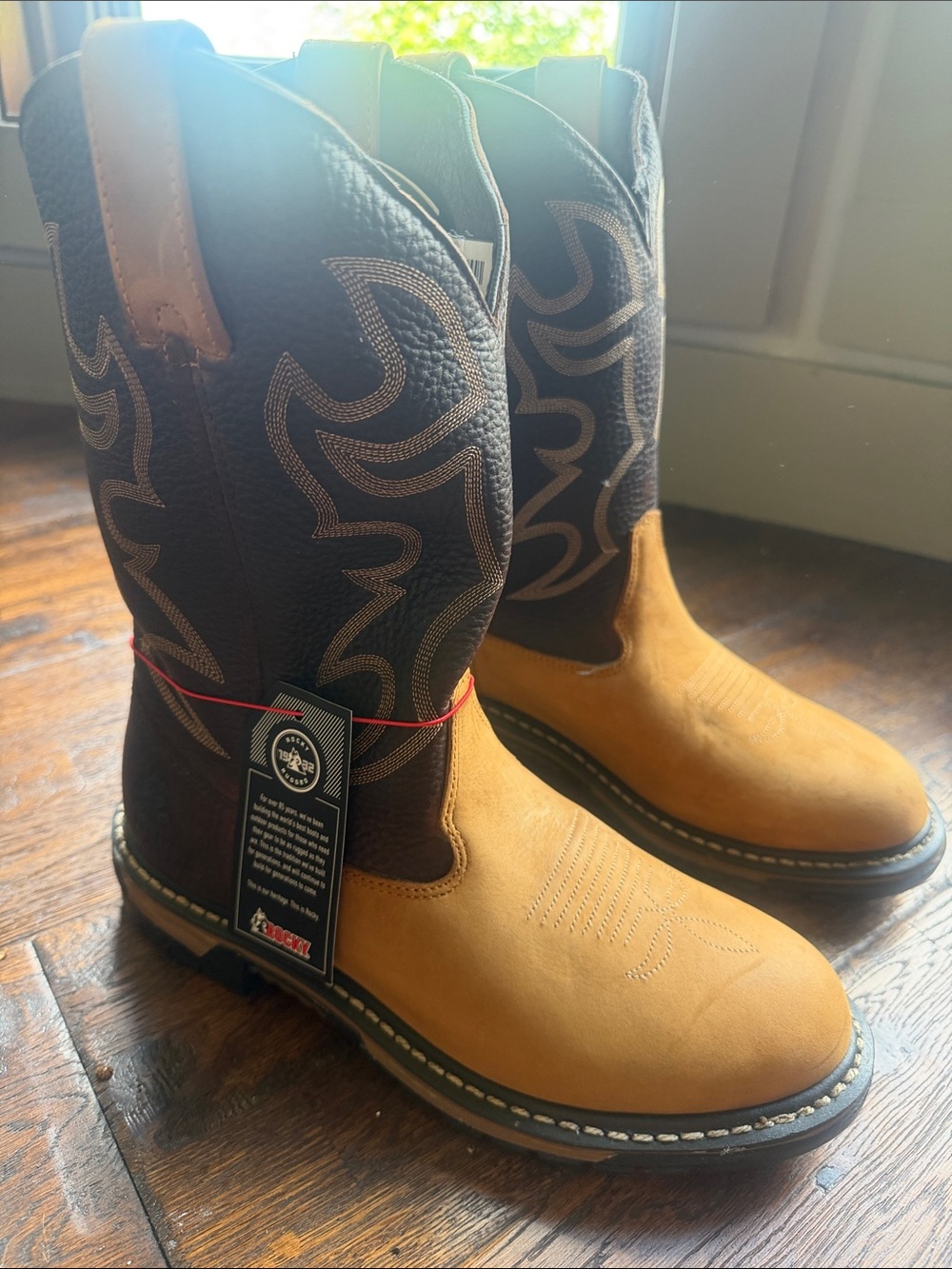Rocky BOOTS Mens Original Ride Brown & Tan Western Work Boots USA SIZE 9.5